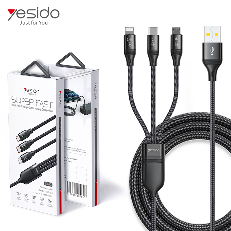 Yesido Multi 3 In 1 Zinc Alloy 2.4A 5A Usb Data Type C Micro 66W Fast 3 In 1 Mobile Phone Charging Charger Cable Line Cord.jpg